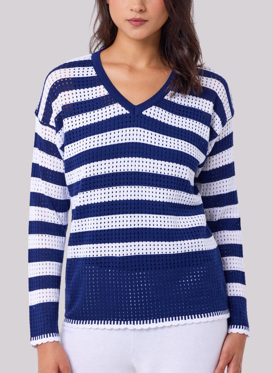 Angel Apparel Angel Stripe V-Neck Top - Navy/White available at The Good Life Boutique