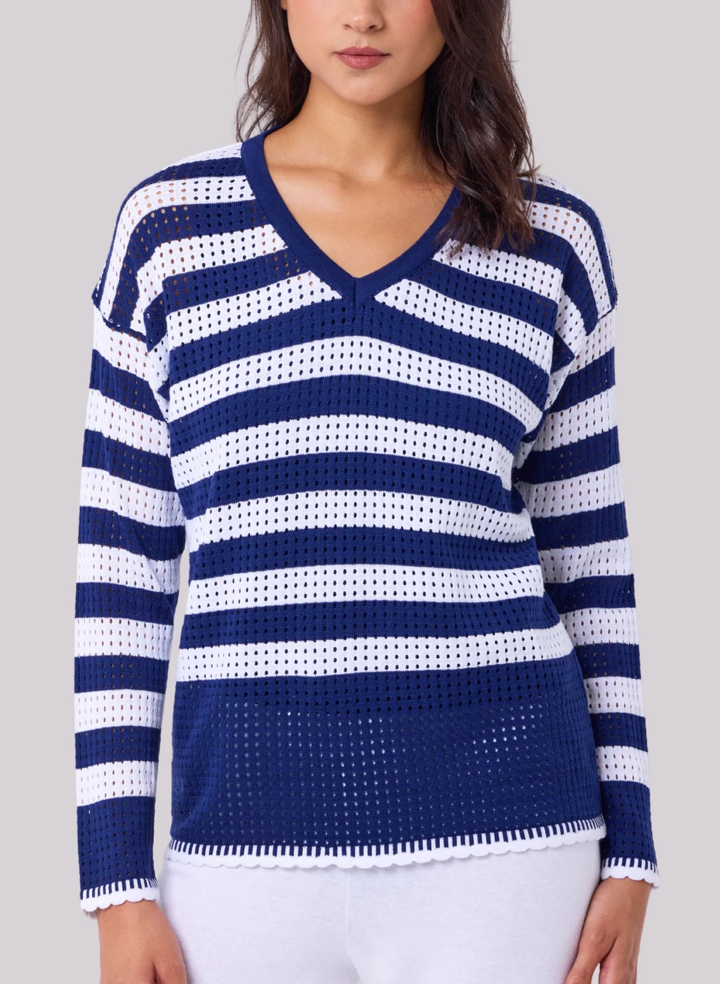 Angel Apparel Stripe V-Neck Top - Navy/White available at The Good Life Boutique