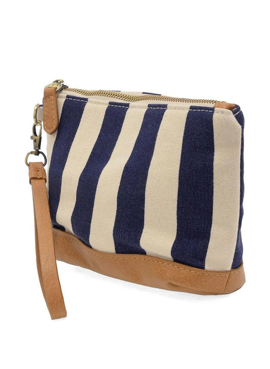 Joy Accessories Navy Awning Stripe Wristlet Canvas Bag available at The Good Life Boutique