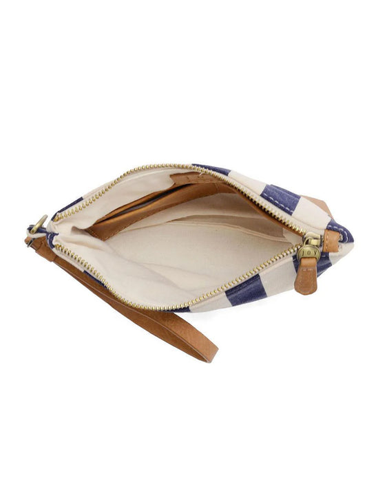 Joy Accessories Navy Awning Stripe Wristlet Canvas Bag available at The Good Life Boutique