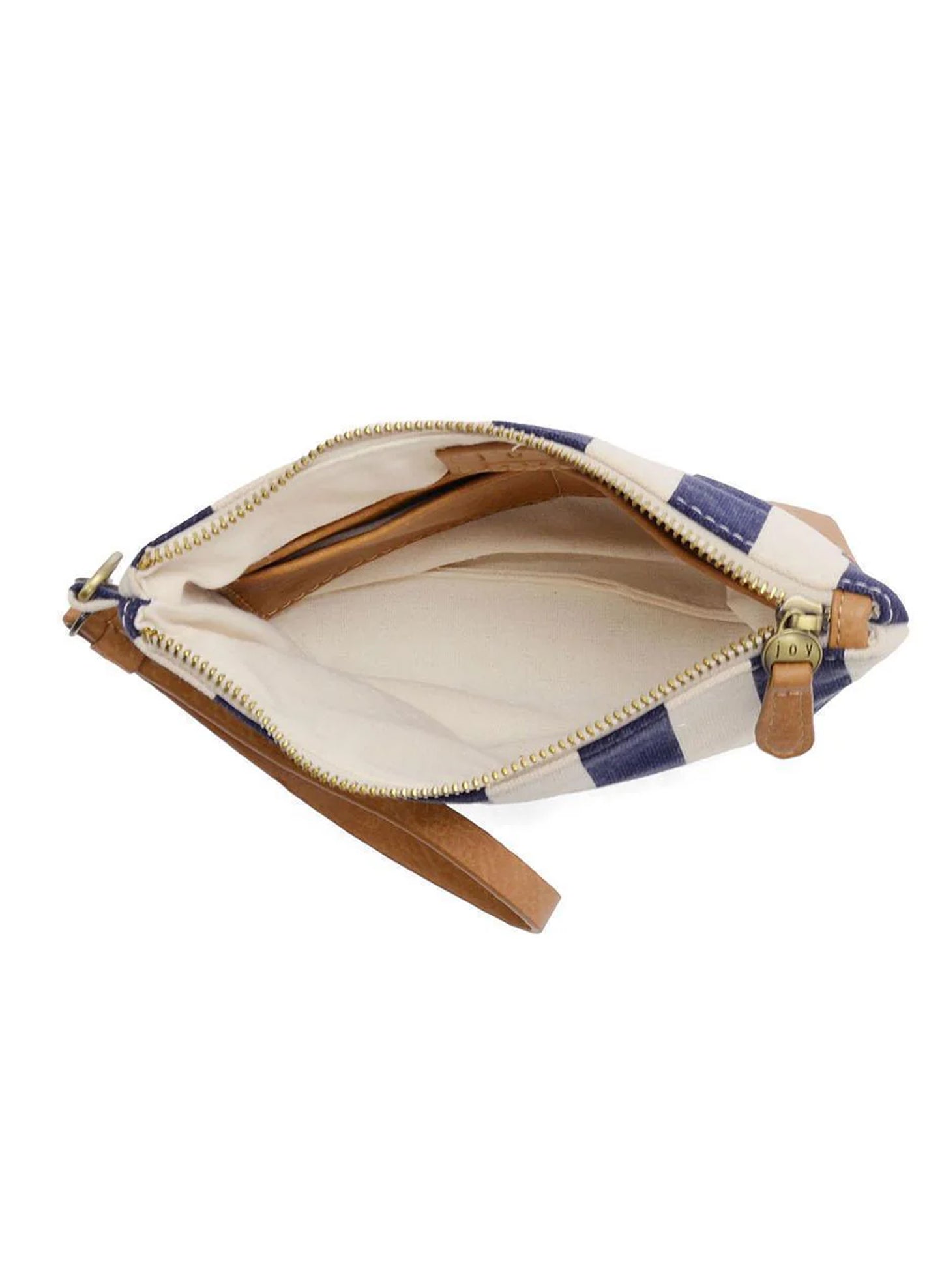 Joy Accessories Navy Awning Stripe Wristlet Canvas Bag available at The Good Life Boutique