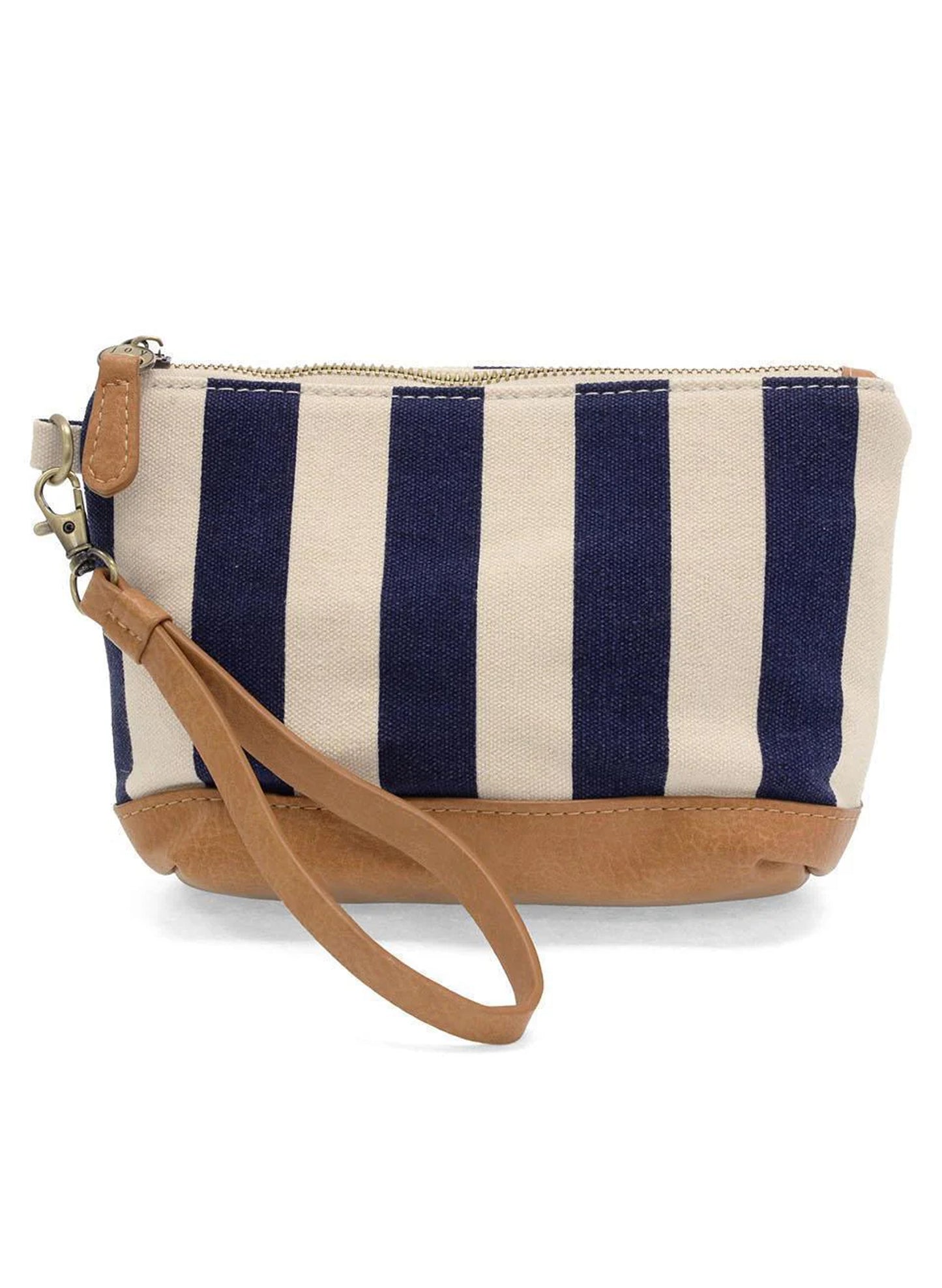 Joy Accessories Navy Awning Stripe Wristlet Canvas Bag available at The Good Life Boutique