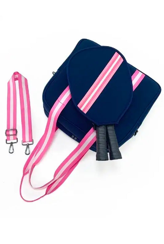 Dinky Dill Neoprene Crossbody Sling Pickleball Bag Tote - Navy/Pink available at The Good Life Boutique