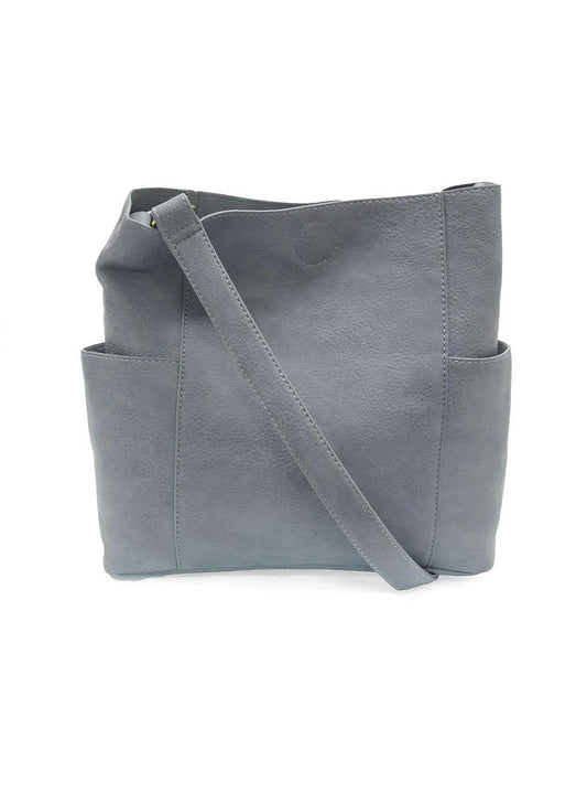 Joy Accessories New Dusty Blue Kayleigh Side Pocket Bucket Bag available at The Good Life Boutique