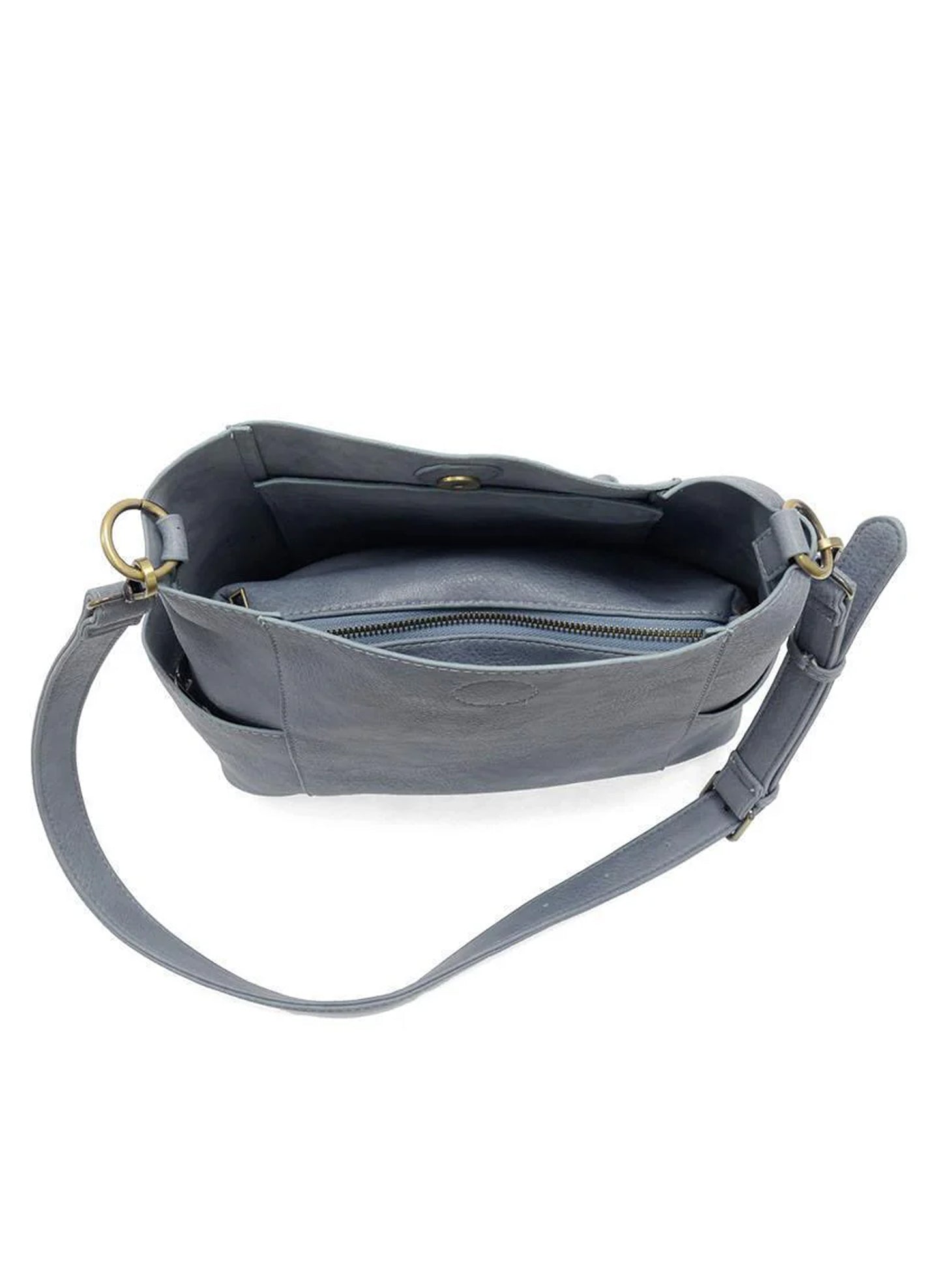 Joy Accessories New Dusty Blue Kayleigh Side Pocket Bucket Bag available at The Good Life Boutique