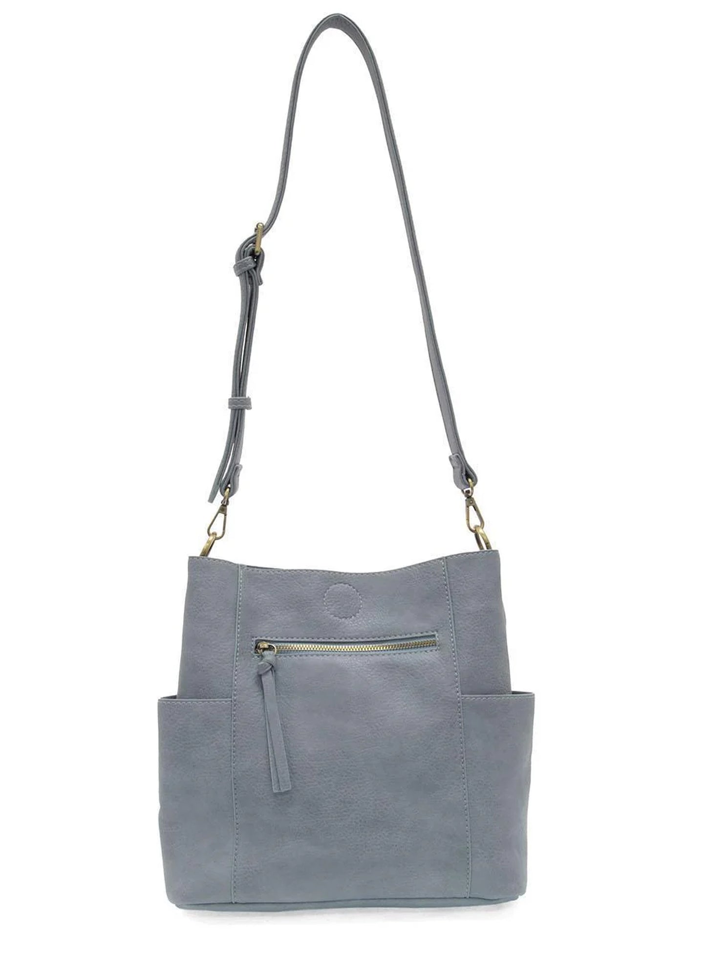 Joy Accessories New Dusty Blue Kayleigh Side Pocket Bucket Bag available at The Good Life Boutique