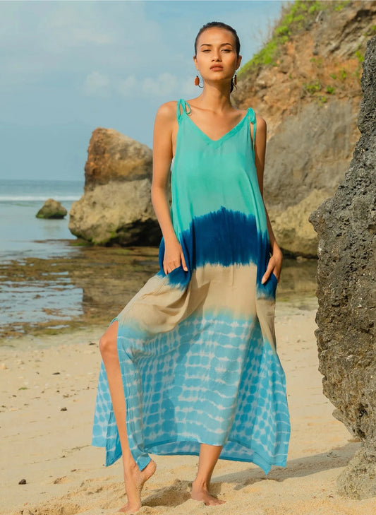 Suzie Blue Canada Ombree Striped Tie Shoulder Dress - Blue & Tan available at The Good Life Boutique