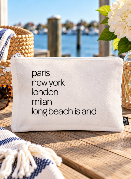 Good Judy's Print Shop Paris, New York, London, Milan, Long Beach Island - Canvas Pouch - White available at The Good Life Boutique