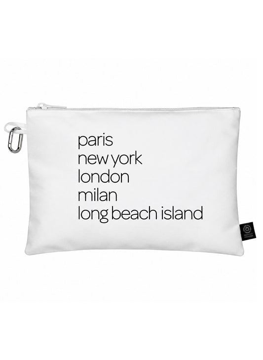 Good Judy's Print Shop Paris, New York, London, Milan, Long Beach Island - Canvas Pouch - White available at The Good Life Boutique