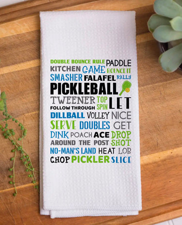 Canary Road PickleBall Word Collage Towel available at The Good Life Boutique