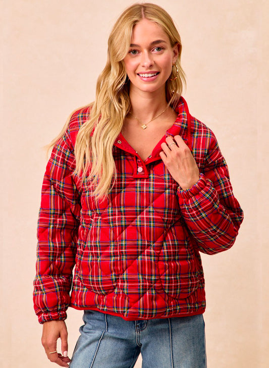 Christmas Theme Quilting Plaid Buttoned Top - Multi Red