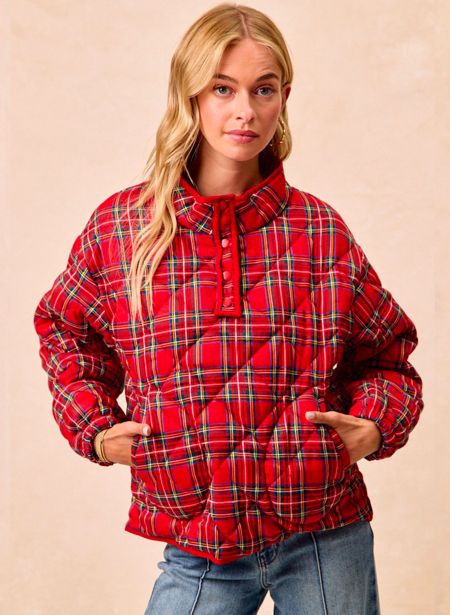 Christmas Theme Quilting Plaid Buttoned Top - Multi Red