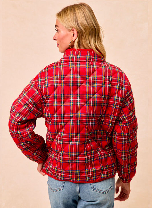 Christmas Theme Quilting Plaid Buttoned Top - Multi Red