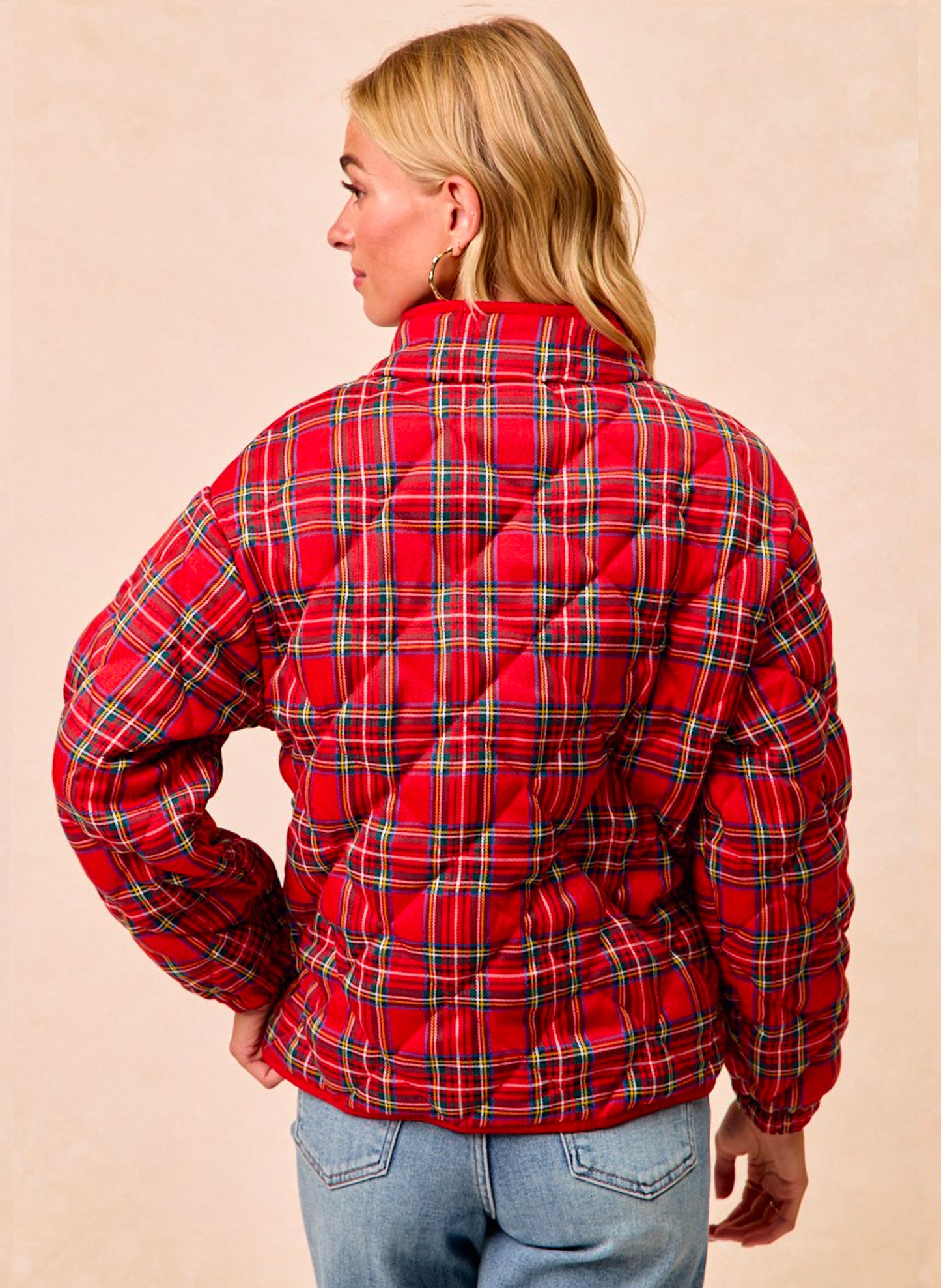 Christmas Theme Quilting Plaid Buttoned Top - Multi Red