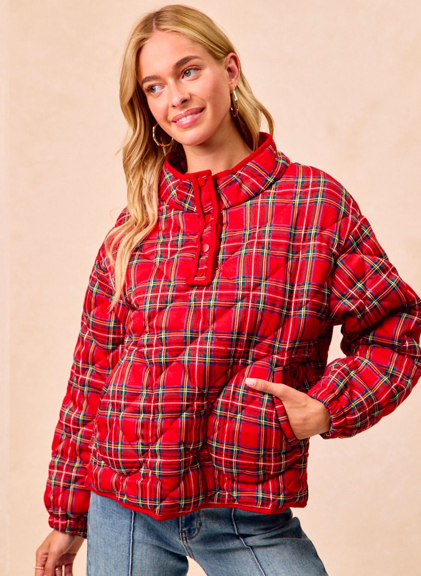 Christmas Theme Quilting Plaid Buttoned Top - Multi Red