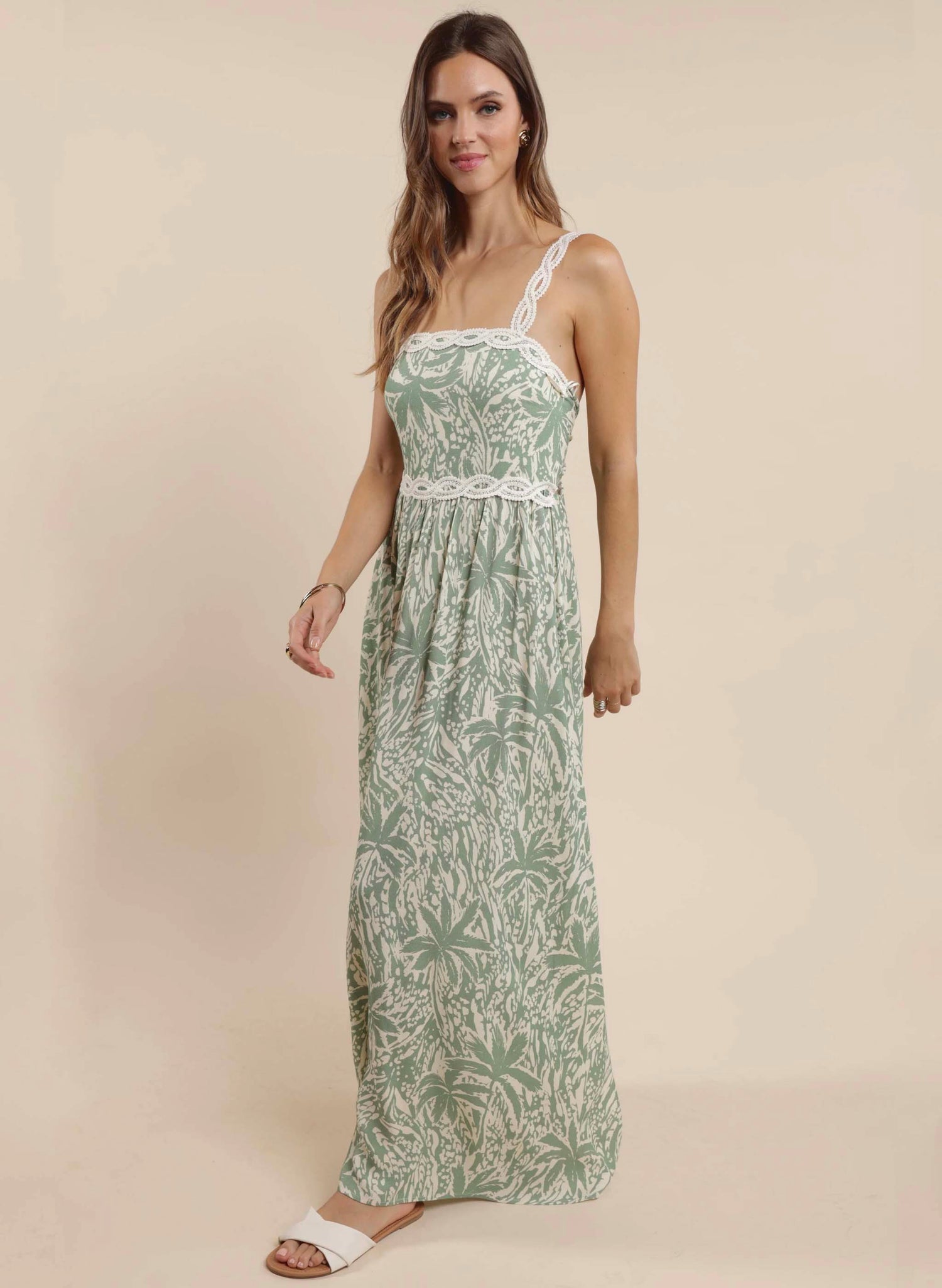 Palm Whispers Tie-Back Maxi Dress - Sage Cream | The Good Life Boutique Palm Whispers Tie-Back Maxi Dress - Sage Cream | The Good Life Boutique