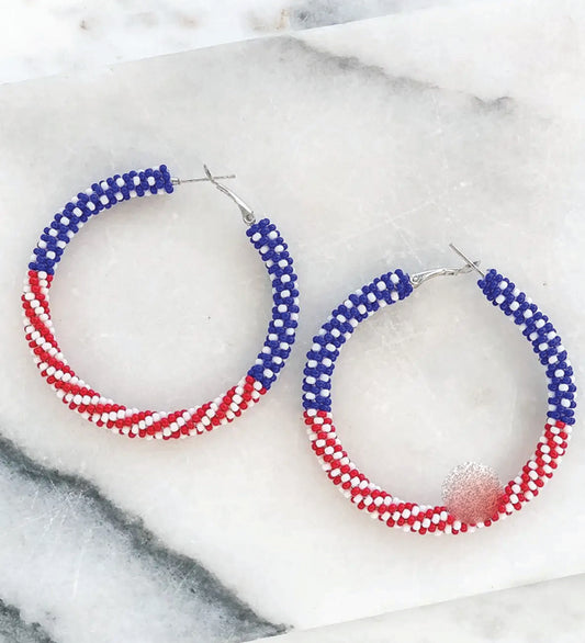 Prep Obsessed Wholesale Patriotic Red, White & Blue Seed Bead Hoop Earrings available at The Good Life Boutique