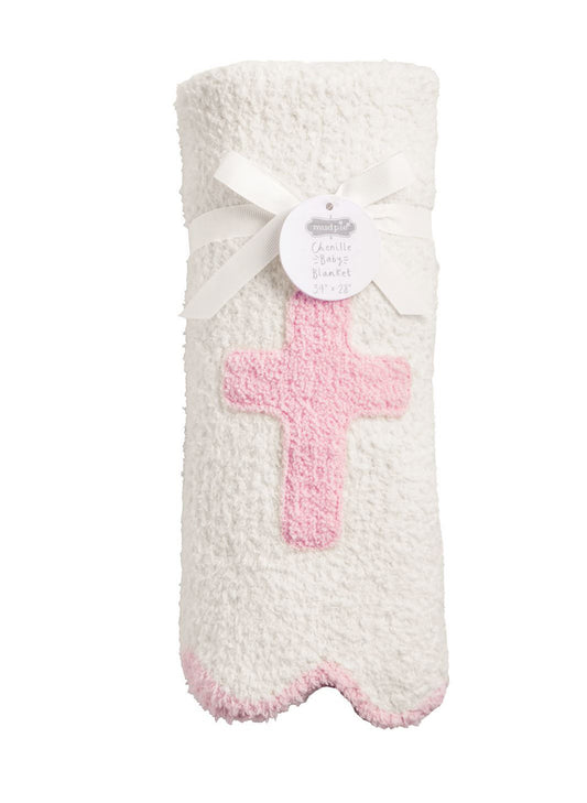 Mud Pie Pink Chenille Cross Blanket available at The Good Life Boutique