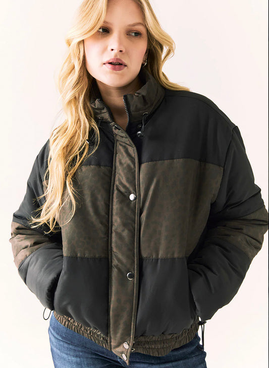 Chaser Quilted Outerwear Whistlerrr Puffer Jacket - Leopard Love & True Black available at The Good Life Boutique
