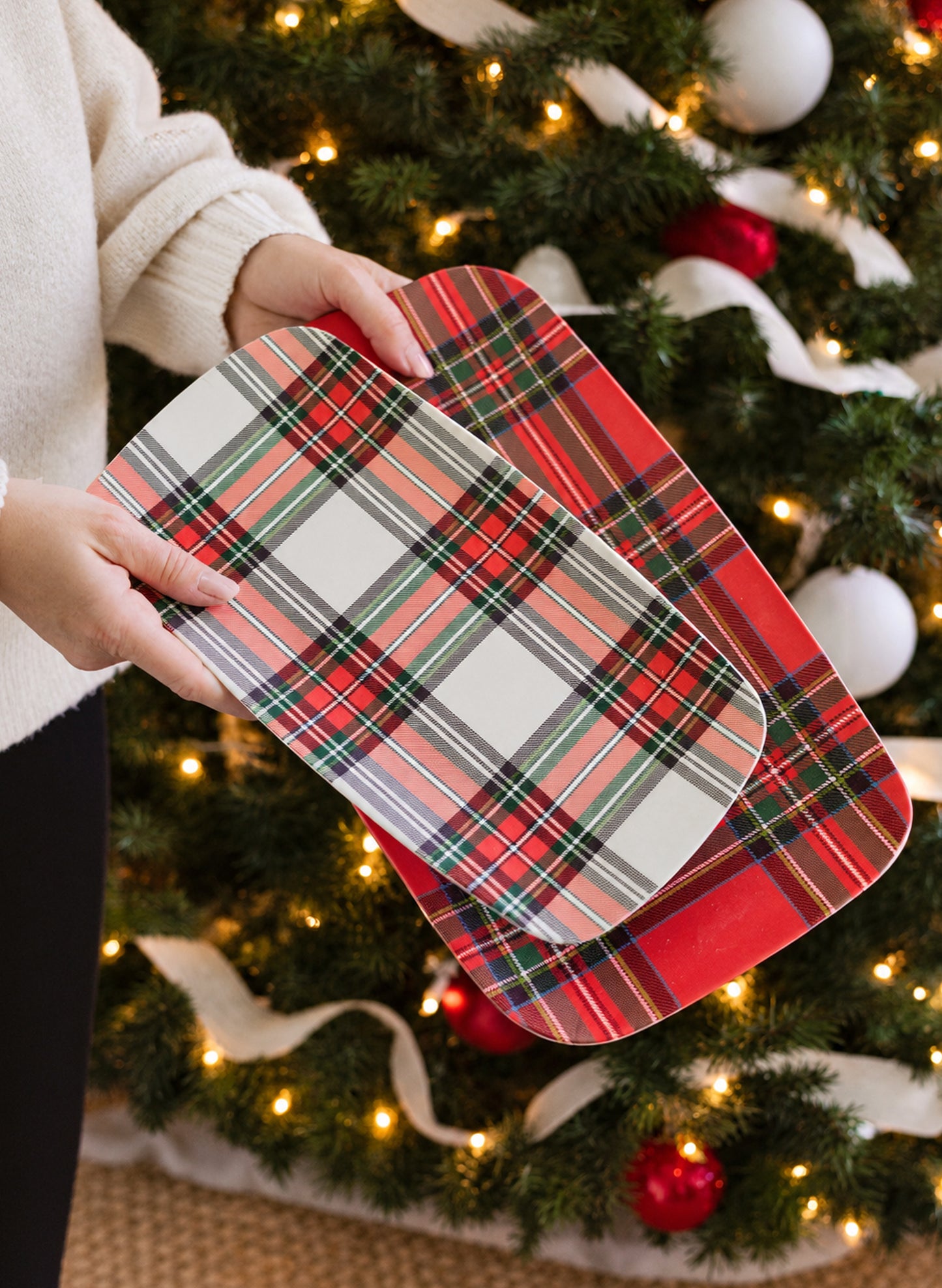 Red and White Plaid Stacking Melamine Tray - Set of 2