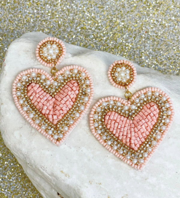 Prep Obsessed Wholesale Rhinestone & Pearl Beaded Heart Dangle Earrings - Pink available at The Good Life Boutique