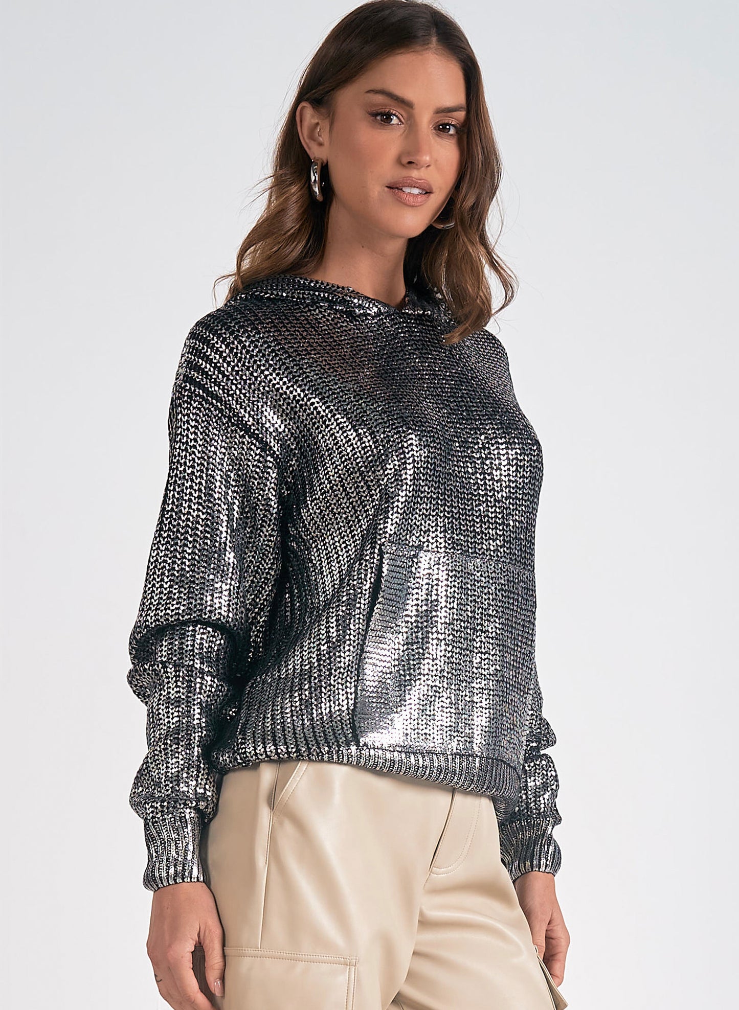 Elan Elan - Silver Sparkle Hoodie Sweater - Silver w/ Black available at The Good Life Boutique