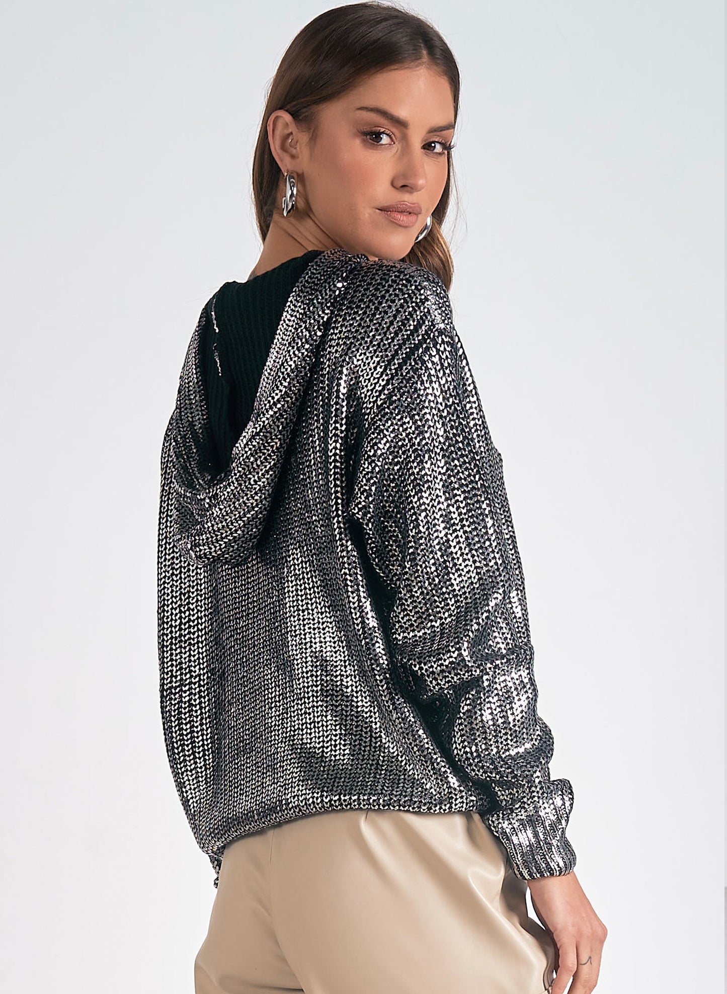 Elan Elan - Silver Sparkle Hoodie Sweater - Silver w/ Black available at The Good Life Boutique