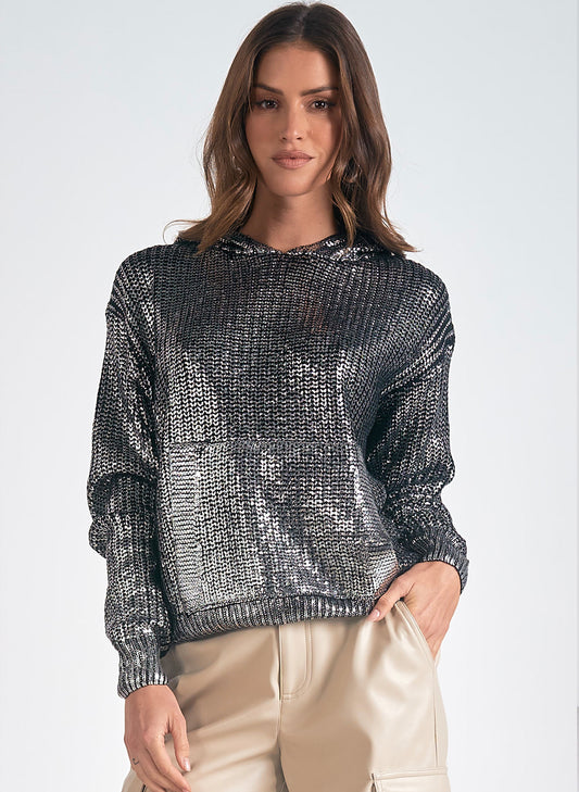 Elan Elan - Silver Sparkle Hoodie Sweater - Silver w/ Black available at The Good Life Boutique