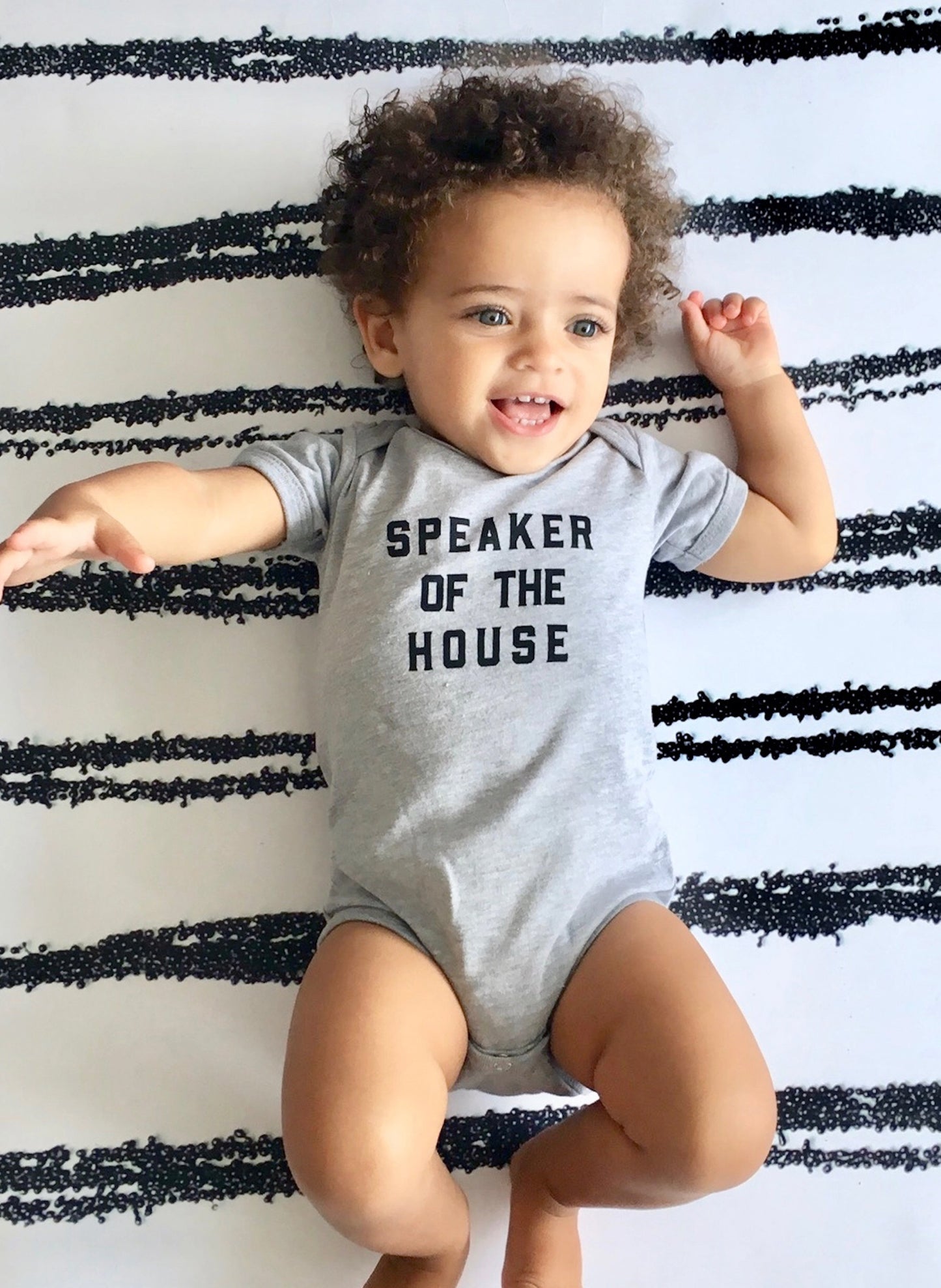 Love Bubby Speaker Of The House Short Sleeve Grey Baby Bodysuit available at The Good Life Boutique