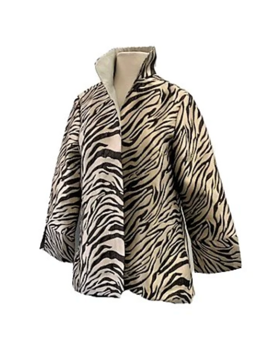 Grace Chuang Grace Chung High & Low Style Metallic Animal Print JKT - Beige/Brown available at The Good Life Boutique