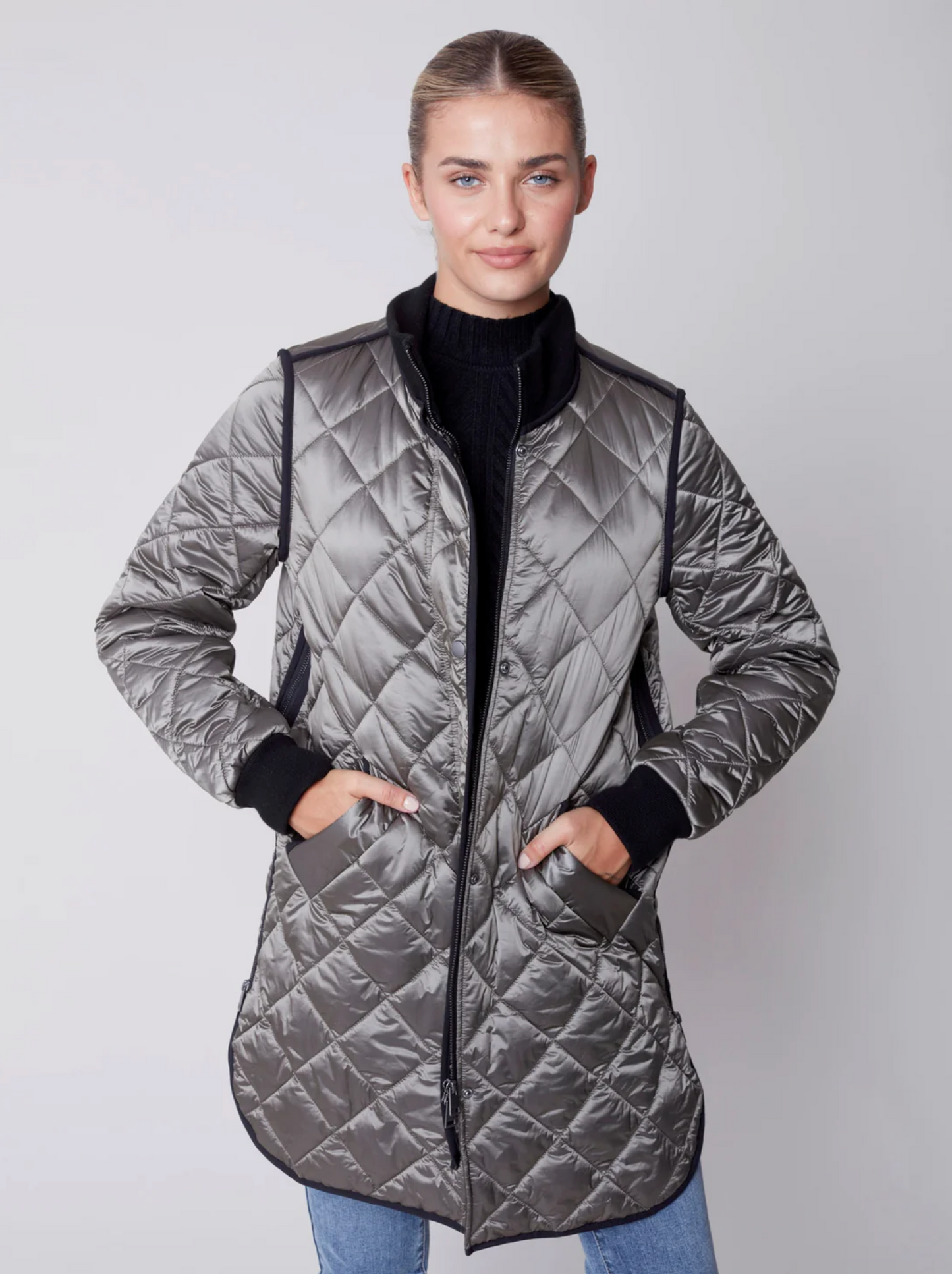 Charlie B Charlie B - Iridescent Quilted Jacket -Zip Front - Spruce Green available at The Good Life Boutique