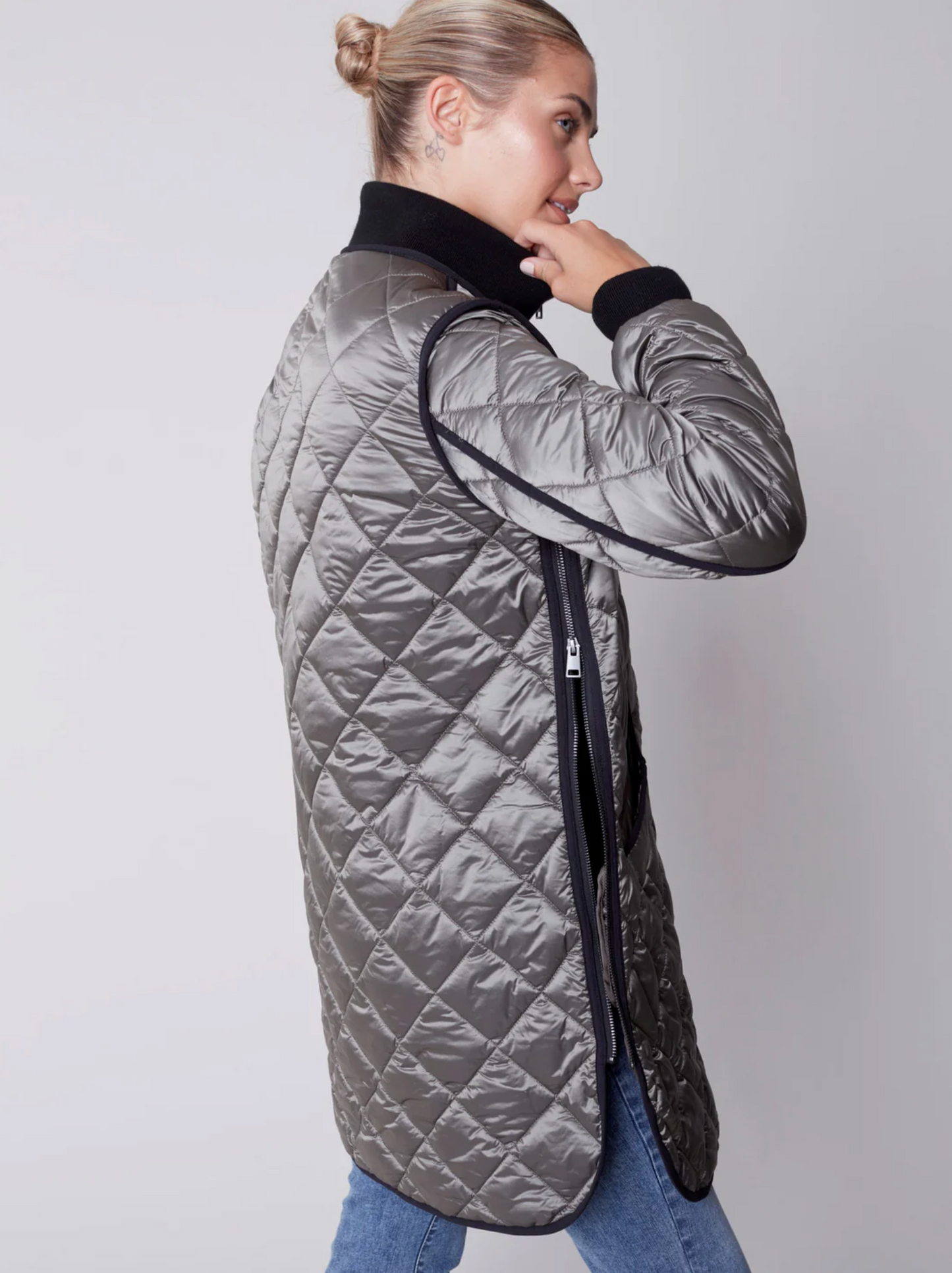 Charlie B Charlie B - Iridescent Quilted Jacket -Zip Front - Spruce Green available at The Good Life Boutique