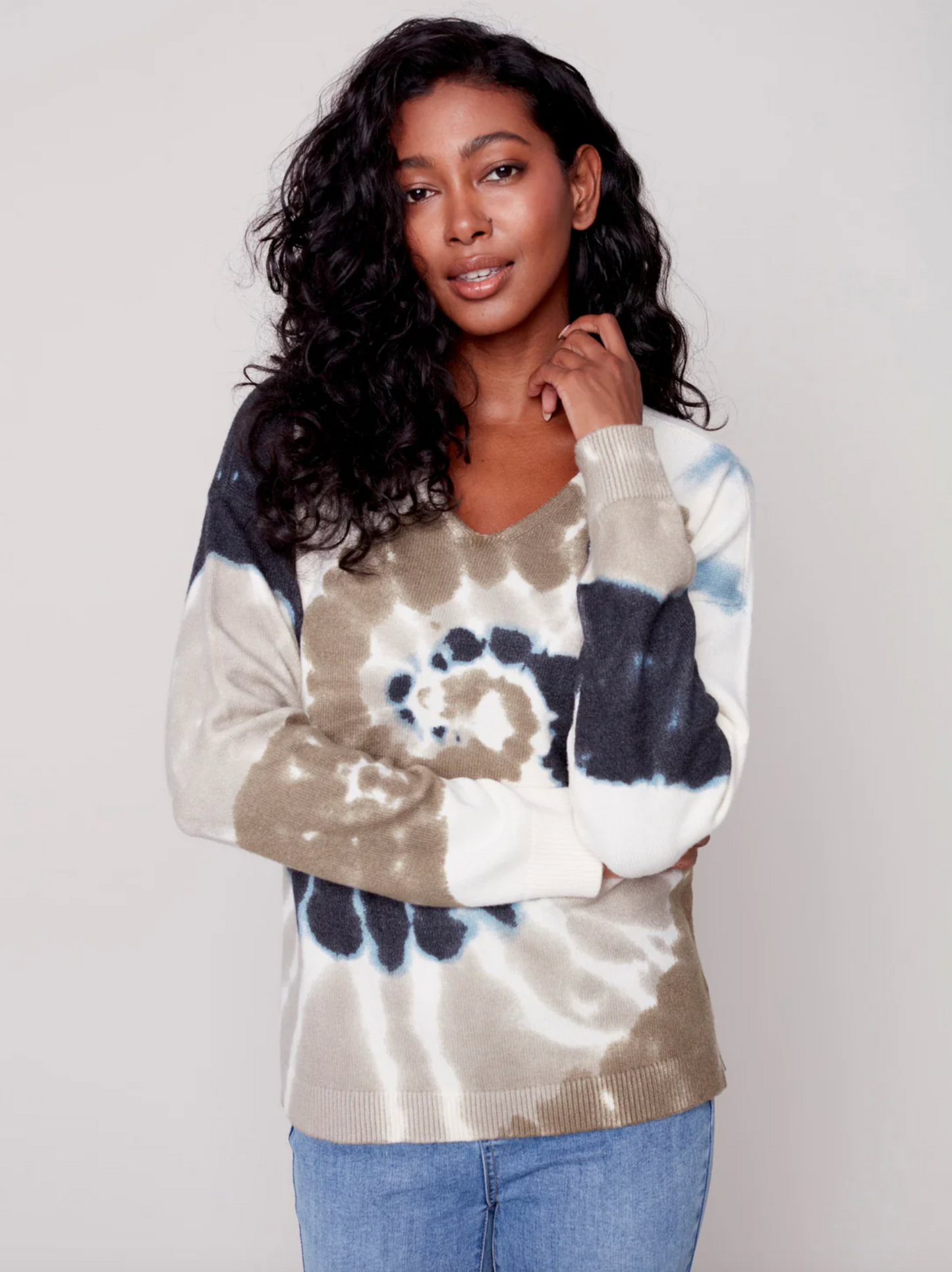 Charlie B Charlie B - V Neck Drop Shoulder Sweater - Spruce available at The Good Life Boutique