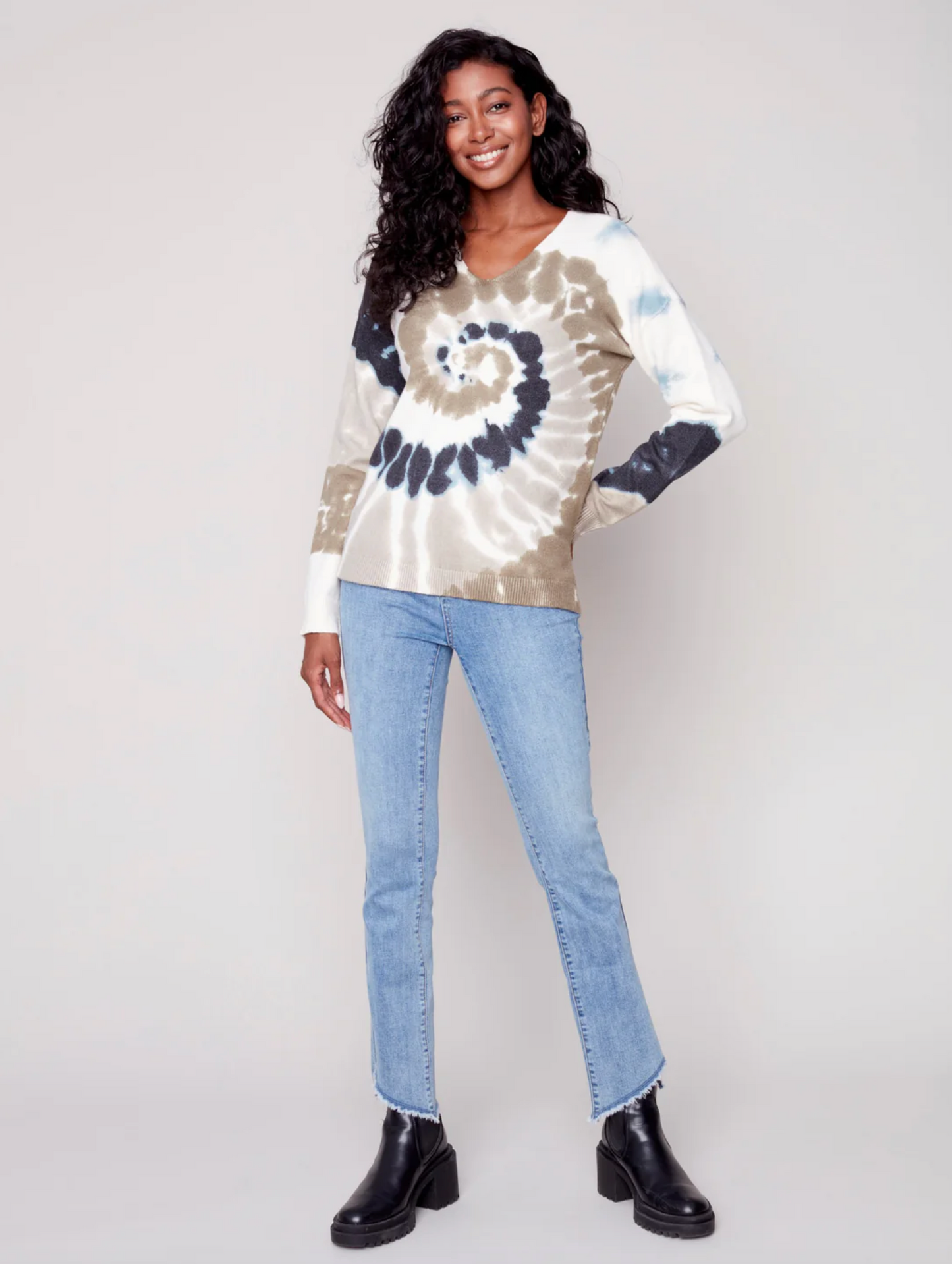 Charlie B Charlie B - V Neck Drop Shoulder Sweater - Taupe & Navy available at The Good Life Boutique