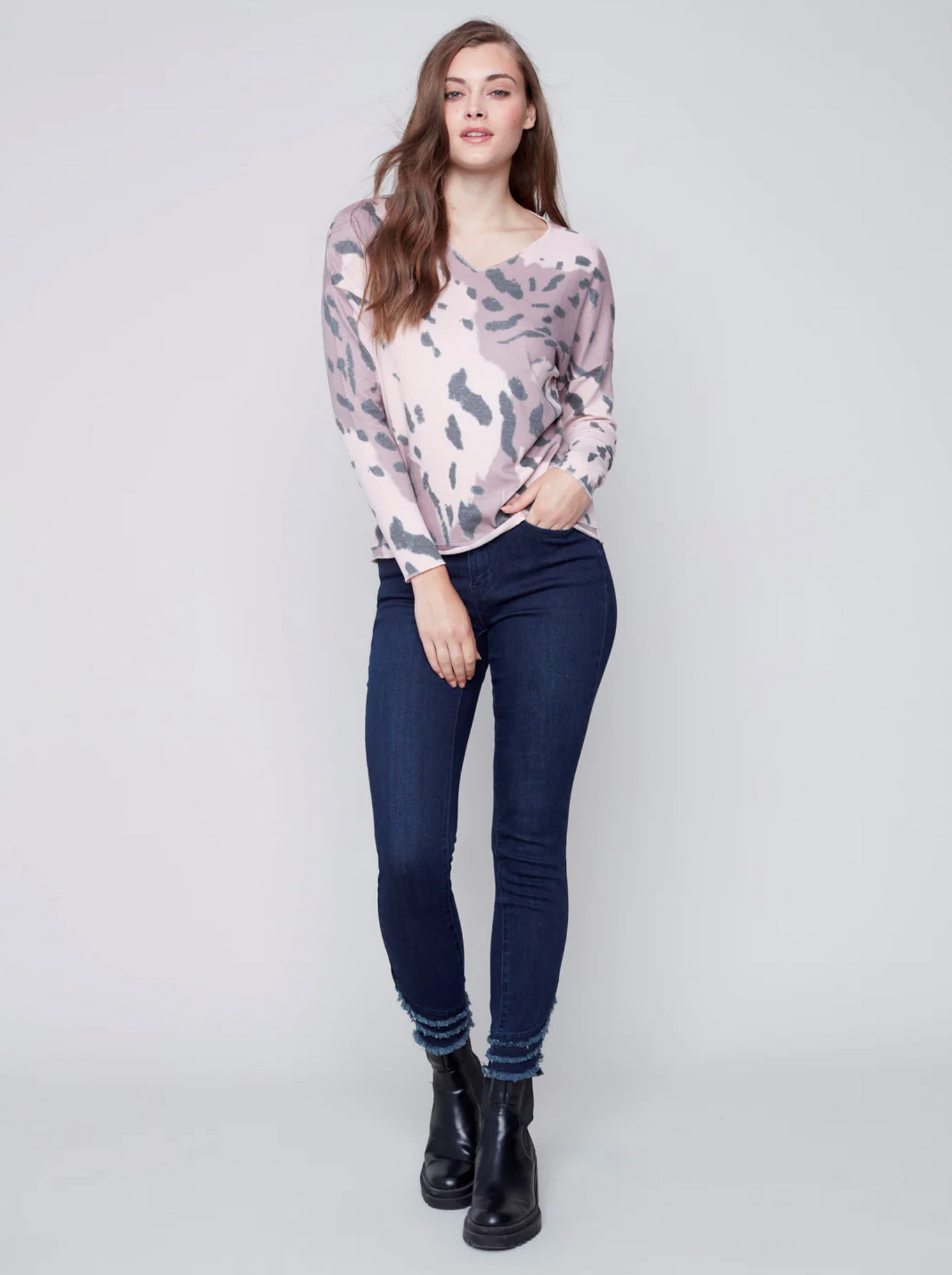 Charlie B Charlie B - V-Neck Drop Shoulder Printed Top - Raspberry available at The Good Life Boutique
