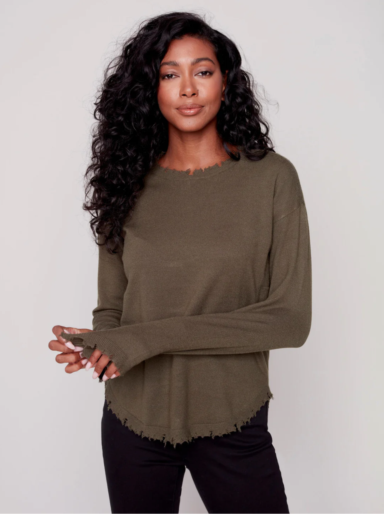 Charlie B Charlie B - Crew Neck Drop Shoulder Sweater - Spruce available at The Good Life Boutique