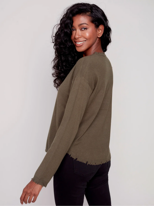 Charlie B Charlie B - Crew Neck Drop Shoulder Sweater - Spruce available at The Good Life Boutique