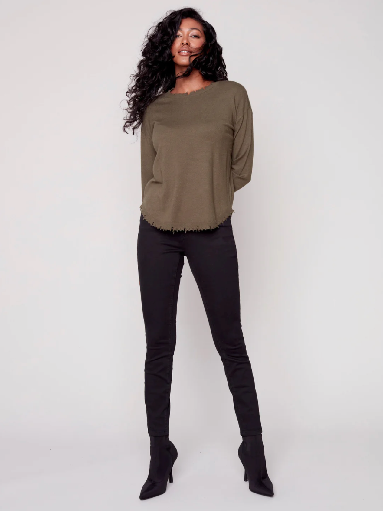 Charlie B Charlie B - Crew Neck Drop Shoulder Sweater - Spruce available at The Good Life Boutique