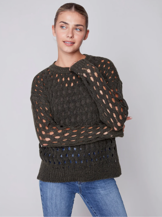 Charlie B Charlie B - Crew-Neck Cable Knit Sweater - Spruce available at The Good Life Boutique