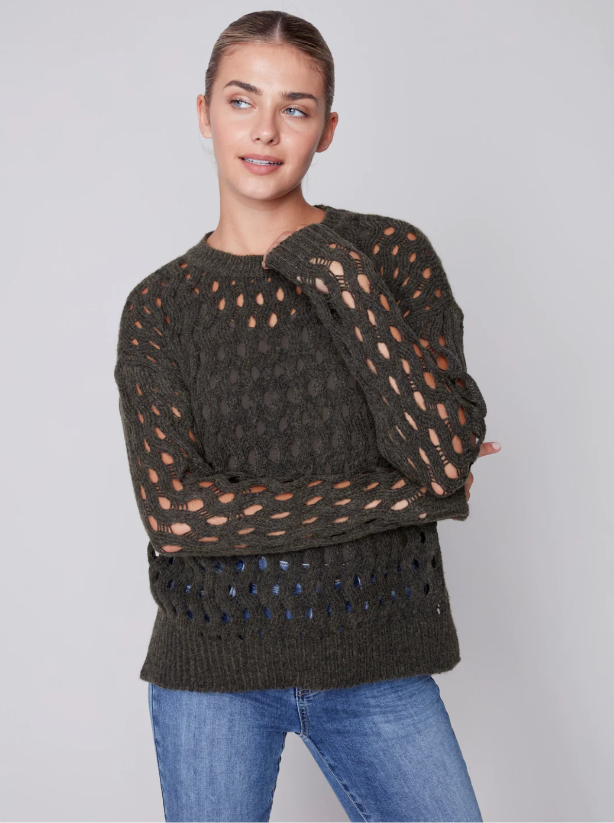 Charlie B Charlie B - Crew-Neck Cable Knit Sweater - Spruce available at The Good Life Boutique