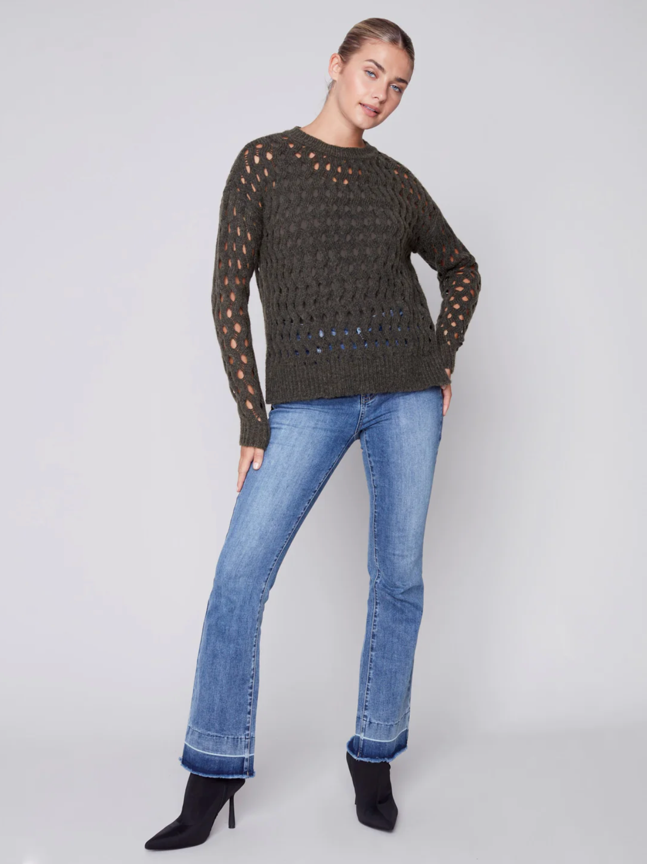 Charlie B Charlie B - Crew-Neck Cable Knit Sweater - Spruce available at The Good Life Boutique