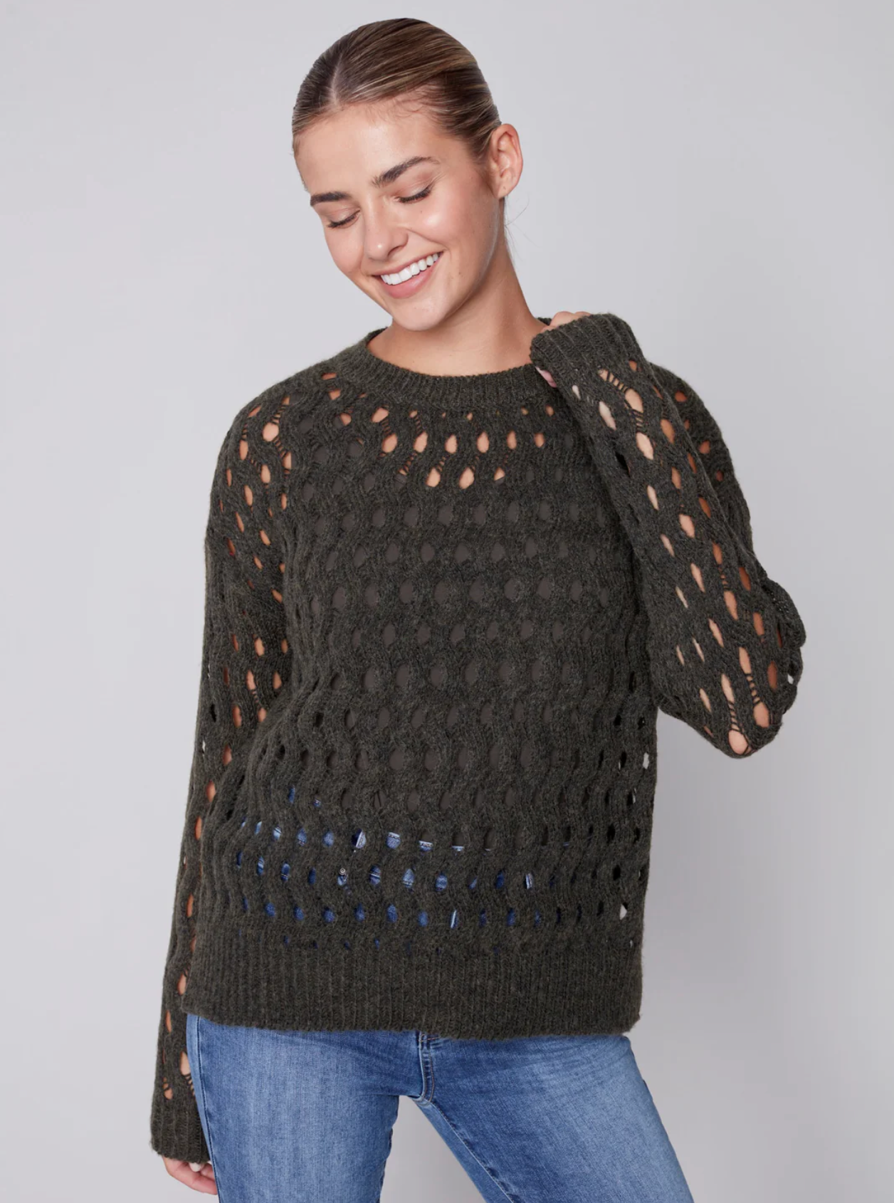 Charlie B Charlie B - Crew-Neck Cable Knit Sweater - Spruce available at The Good Life Boutique