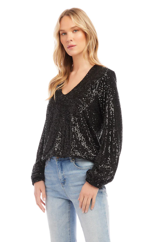 Karen Kane, Inc Karen Kane - Sequin L/S Blouson Top - Black available at The Good Life Boutique