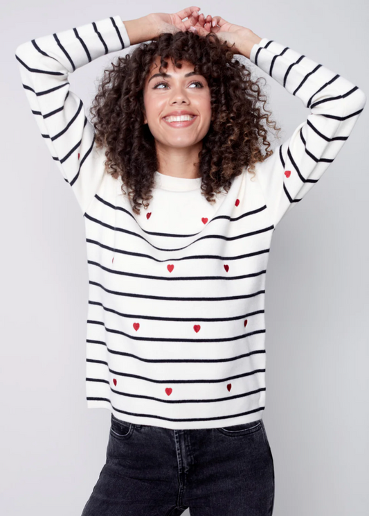 Charlie B Charlie B - Crew-Neck Jacquard Stripes Embroidered Hearts  Sweater - ECRU available at The Good Life Boutique