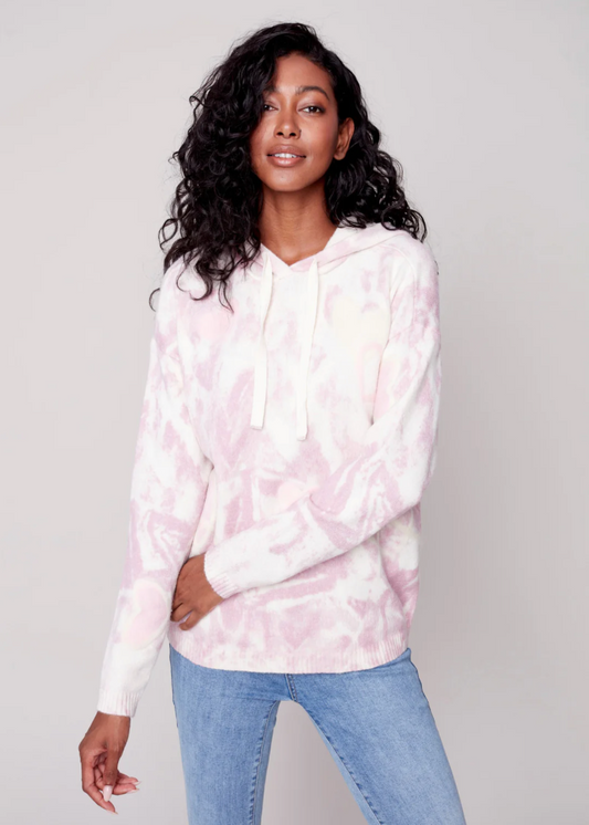 Charlie B Charlie B - Printed Hoodie With Contrast Stitch Hearts - Powder Pink available at The Good Life Boutique