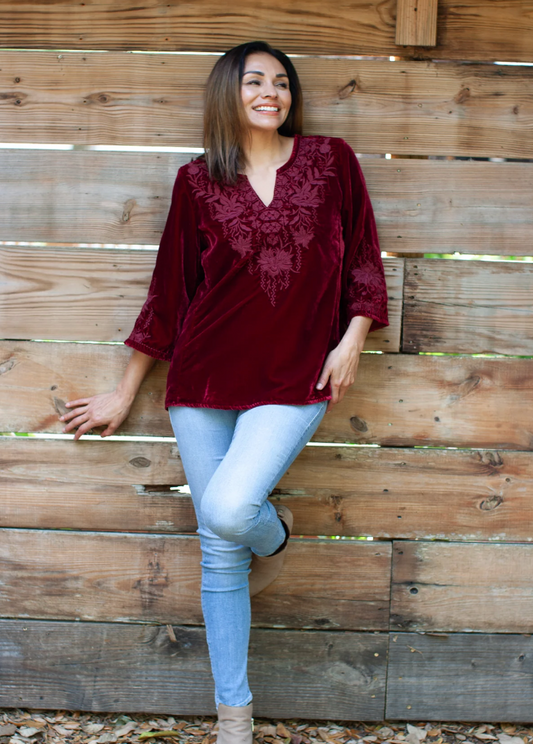 Caite - Kyla Seo Aelly Blouse - Velvet - Wine available at The Good Life Boutique