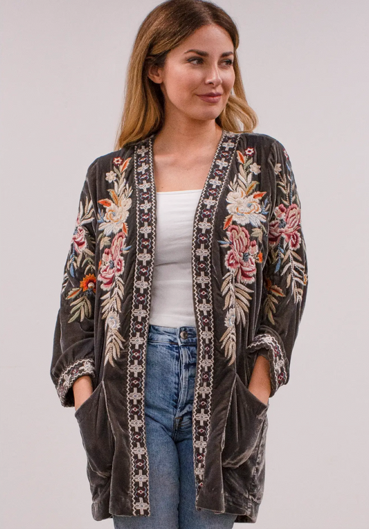 Caite - Kyla Seo Caite & Kyla Seo Autumn Velvet Embroidered Jacket - Dark Grey available at The Good Life Boutique