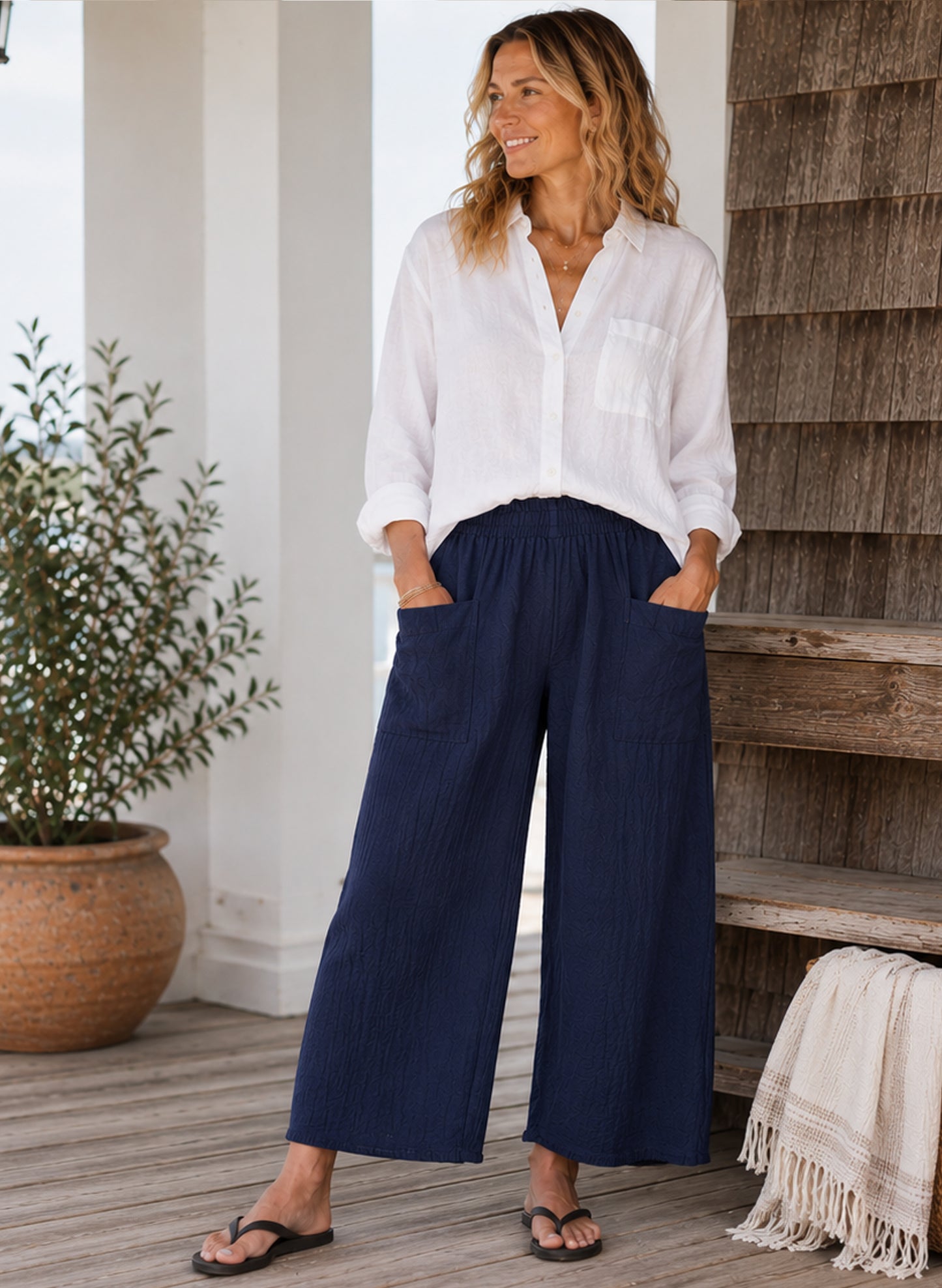 Cotton Lani Shaped Lantern Pant, Duable Gauze - Navy available at The Good Life Boutique