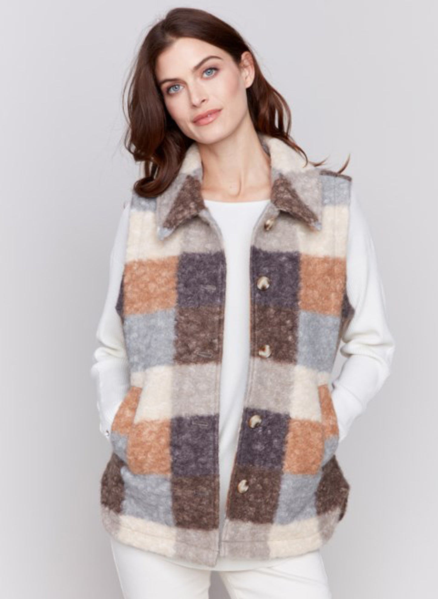 Charlie B Charlie B - Sherpa Plaid Long Vest w/Pockets - Terracotta available at The Good Life Boutique