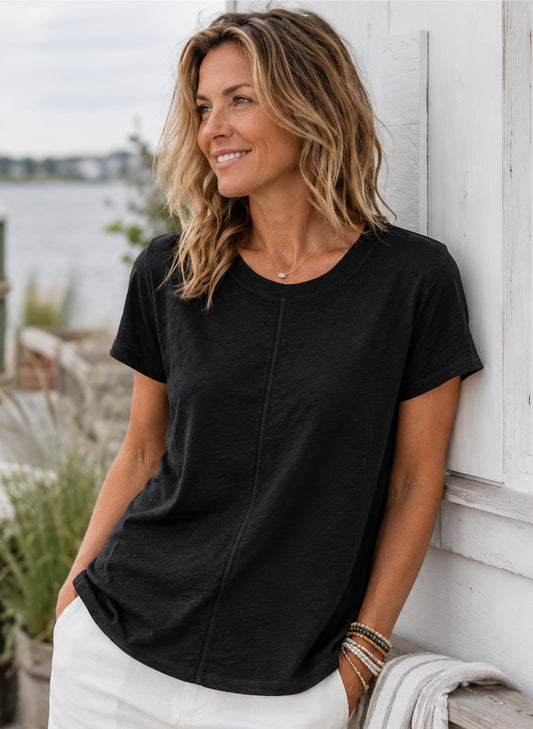 Cotton Lani Short Sleeve Center Seam Scoop Neck Top - Black available at The Good Life Boutique
